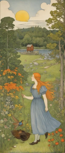 kate greenaway,girl picking flowers,girl in the garden,midsummer,girl picking apples,girl on the river,the blonde in the river,idyll,mirror in the meadow,summer meadow,vincent van gough,david bates,charlotte cushman,olle gill,girl lying on the grass,little girl in wind,woman at the well,free land-rose,bibernell rose,vintage illustration,Illustration,Realistic Fantasy,Realistic Fantasy 31