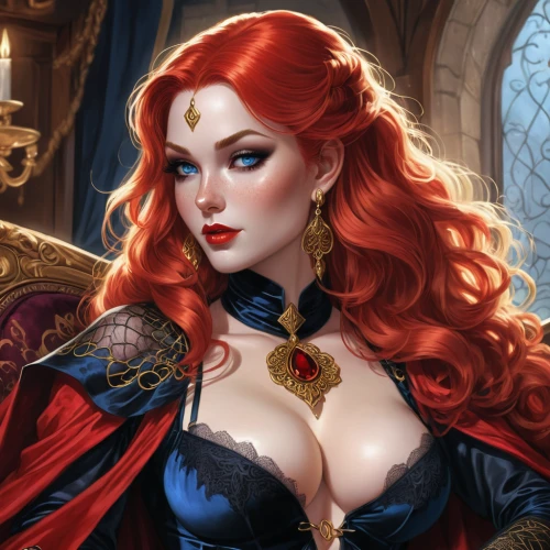 fantasy woman,fantasy art,queen of hearts,sorceress,fantasy portrait,vampire woman,vampire lady,massively multiplayer online role-playing game,red-haired,heroic fantasy,the enchantress,widow,merida,mystique,rosella,bodice,lady of the night,game illustration,celtic queen,scarlet witch,Illustration,American Style,American Style 13