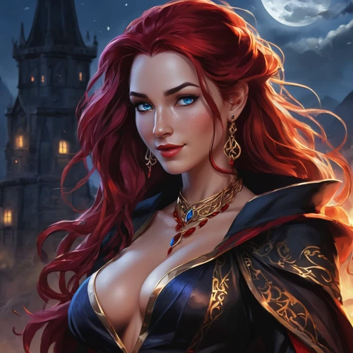 sorceress,fantasy art,vampire woman,fantasy portrait,fantasy woman,massively multiplayer online role-playing game,gothic woman,fantasy picture,vampire lady,elza,gothic portrait,black widow,evil woman,red-haired,celebration of witches,queen of hearts,game illustration,celtic queen,eufiliya,dodge warlock,Illustration,American Style,American Style 13