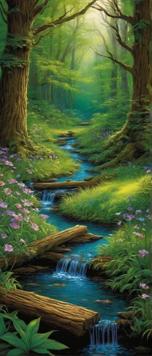 fairy forest,forest landscape,elven forest,riparian forest,brook landscape,nature landscape,forest glade,fairytale forest,forest background,meadow in pastel,enchanted forest,river landscape,flowing creek,cartoon video game background,landscape background,fantasy landscape,mountain stream,natural landscape,landscape nature,meadow landscape,Illustration,American Style,American Style 01