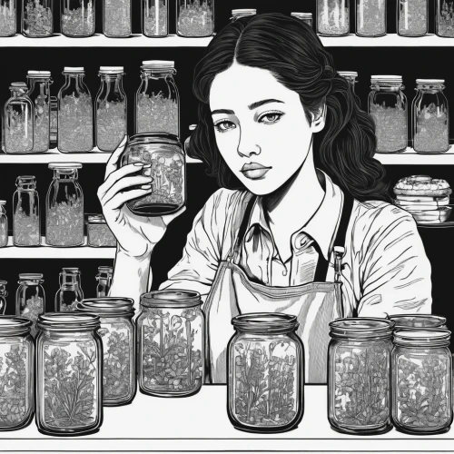 apothecary,jars,pickling,coffee tea illustration,herbal medicine,siberian ginseng,empty jar,han thom,clementine,grocer,jar,canning,pickled cucumbers,candlemaker,the girl studies press,mari makinami,spices,chemist,kimchi,medicine,Illustration,Black and White,Black and White 16