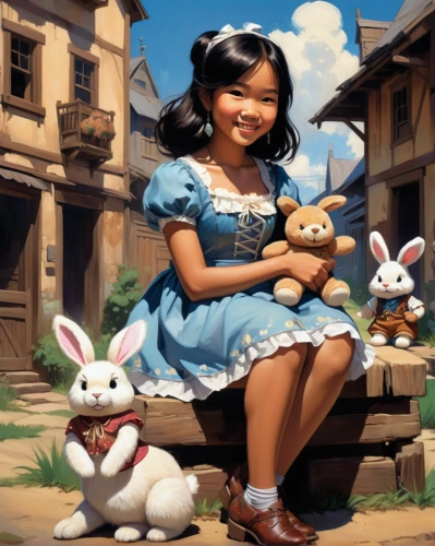 shanghai disney,children's background,girl with bread-and-butter,easter festival,white rabbit,fairy tale character,rabbits and hares,easter theme,cute cartoon character,little rabbit,rabbit family,rabbits,white bunny,kids illustration,little bunny,girl and boy outdoor,the little girl,wood rabbit,children's fairy tale,happy easter hunt,Conceptual Art,Oil color,Oil Color 04
