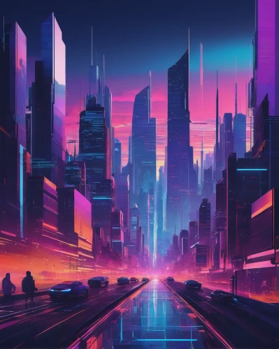 futuristic landscape,cityscape,colorful city,cyberpunk,metropolis,fantasy city,ultraviolet,city lights,futuristic,cities,evening city,city highway,dusk background,scifi,vast,city,neon arrows,city at night,city trans,city skyline,Illustration,Retro,Retro 20