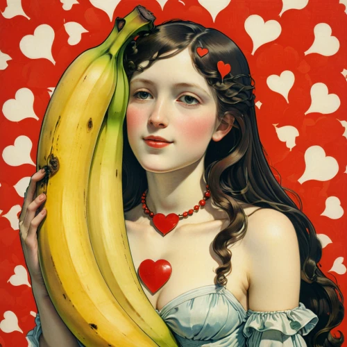 valentine pin up,valentine day's pin up,banana,queen of hearts,french valentine,banana apple,bananas,saint valentine's day,heart cherries,fruit-of-the-passion,cool pop art,painted hearts,woman eating apple,heart with crown,banana family,nanas,romantic portrait,banana cue,bleeding heart,saba banana,Illustration,Retro,Retro 11