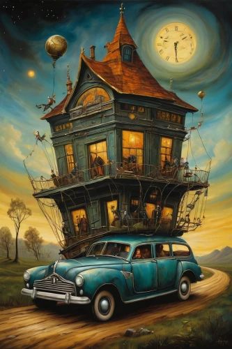 station wagon-station wagon,surrealism,flying saucer,crooked house,mobile home,moon car,cuckoo clock,ancient house,fantasy art,surrealistic,clockmaker,house trailer,buick century,magic castle,grandfather clock,fantasy picture,antique car,time machine,house insurance,vintage art,Illustration,Realistic Fantasy,Realistic Fantasy 34