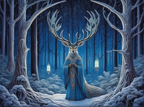 the snow queen,deer illustration,winter deer,stag,pere davids deer,glowing antlers,winter forest,suit of the snow maiden,ice queen,enchanted forest,eternal snow,father frost,deer,forest animal,european deer,young-deer,winterblueher,fantasy picture,nordic christmas,elk,Illustration,Realistic Fantasy,Realistic Fantasy 41