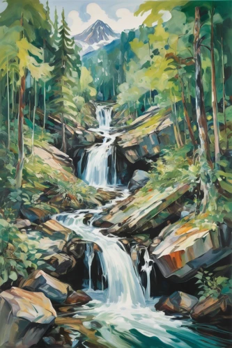 cascades,mountain stream,ilse falls,ash falls,flowing creek,brook landscape,bridal veil fall,cascade,brown waterfall,waterfall,a small waterfall,streams,mountain spring,cascading,water falls,waterfalls,oil on canvas,mountain river,oil painting on canvas,oil painting,Conceptual Art,Oil color,Oil Color 18