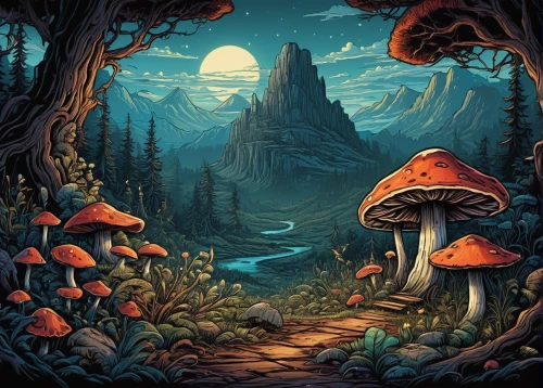 mushroom landscape,mushroom island,forest mushroom,fairy forest,forest mushrooms,fairytale forest,fairy village,mushrooms,enchanted forest,cartoon forest,fantasy landscape,toadstools,amanita,elven forest,forest floor,forest of dreams,fairy world,fantasy picture,blue mushroom,cartoon video game background,Illustration,Realistic Fantasy,Realistic Fantasy 25