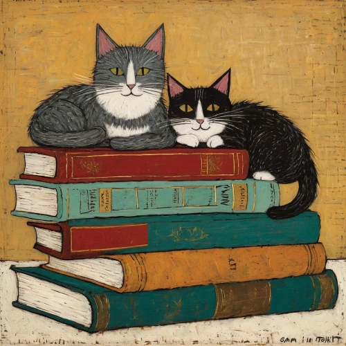 vintage cats,two cats,bookend,cat family,vintage books,cat lovers,readers,cattles,felines,books,book stack,old books,cats,novels,vintage art,carol colman,cat furniture,book bindings,david bates,cat portrait,Art,Artistic Painting,Artistic Painting 49