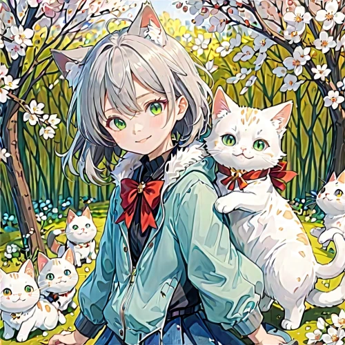 piko,gray cat,two cats,gray kitty,silver tabby,white cat,spring background,cat child,springtime background,flower cat,ritriver and the cat,domestic short-haired cat,nyan,would a background,uruburu,mow,cat ears,cute cat,fuki,cats,Anime,Anime,General