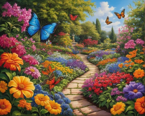 butterfly background,flower garden,summer border,splendor of flowers,flower painting,floral border,cottage garden,butterflies,butterfly floral,oil painting on canvas,chasing butterflies,garden of eden,blanket of flowers,nature garden,flower border,flower meadow,flower background,flower field,sea of flowers,pathway,Conceptual Art,Daily,Daily 04