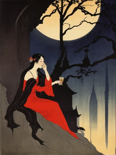 vintage halloween,celebration of witches,vampire woman,woman eating apple,vintage illustration,fairy tales,vampire lady,halloween poster,dracula,bram stoker,children's fairy tale,witches,kate greenaway,woman holding pie,halloween and horror,halloween illustration,red riding hood,ethel barrymore - female,dance of death,the night of kupala,Illustration,Japanese style,Japanese Style 21