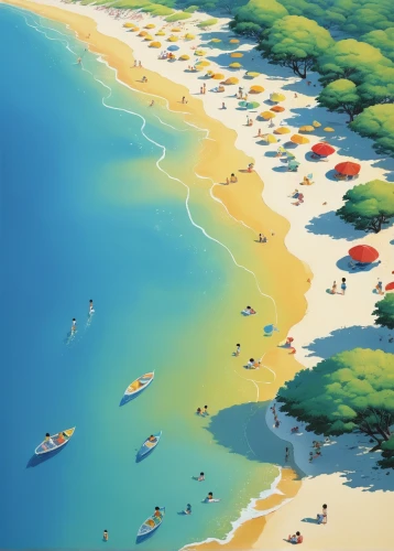 beach landscape,summer beach umbrellas,aerial view of beach,dream beach,brazilian beach,beautiful beaches,umbrella beach,beach scenery,sand coast,seaside resort,coastal landscape,paradise beach,sandy beach,kei islands,mountain beach,fragrant snow sea,beautiful beach,seaside country,lover's beach,sea-shore,Illustration,Japanese style,Japanese Style 20