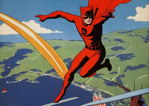 daredevil,red arrow,red super hero,travel poster,flagman,red robin,red chief,hang-glider,red cape,italian poster,ski jumping,hang glider,powered hang glider,advertisement,magneto-optical disk,patrol suisse,kite flyer,captain marvel,caped,diving fins,Illustration,Retro,Retro 07