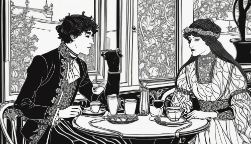 parisian coffee,courtship,victorian fashion,the victorian era,young couple,victorian style,tea drinking,tea service,absinthe,tea and books,robert harbeck,coffee tea illustration,teatime,afternoon tea,café au lait,british tea,earl gray,as a couple,tea time,tearoom,Illustration,Black and White,Black and White 24