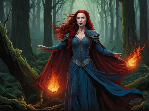 sorceress,the enchantress,fantasy picture,scarlet witch,fantasy art,fire siren,fantasy portrait,blue enchantress,fantasy woman,merida,rusalka,elven forest,flame spirit,firethorn,flame of fire,heroic fantasy,cg artwork,flickering flame,red riding hood,dancing flames,Illustration,American Style,American Style 01