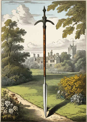 quarterstaff,thermometer,king sword,excalibur,household thermometer,shepherd's staff,swords,scepter,sward,baluster,count of faber castell,sword,épée,scabbard,the old course,dagger,medieval hourglass,garden pipe,bowie knife,the scalpel,Art,Classical Oil Painting,Classical Oil Painting 39