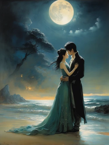 romantic scene,romantic portrait,romantic night,amorous,love in the mist,honeymoon,romance novel,romantic,moonlit night,blue moon rose,romantic look,fantasy picture,flightless bird,moonlight,sea night,couple in love,waltz,blue moon,lover's grief,beach moonflower,Illustration,Realistic Fantasy,Realistic Fantasy 16