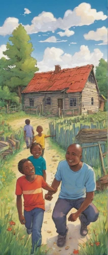 african american kids,arrowroot family,juneteenth,church painting,homeownership,home ownership,children's background,khokhloma painting,farm workers,popeye village,farmstead,piglet barn,village scene,farmers,the farm,mississippi,farm background,cd cover,farm set,village life,Illustration,Realistic Fantasy,Realistic Fantasy 12