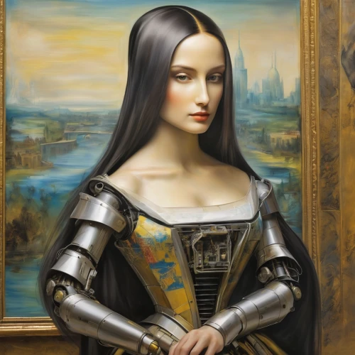 mona lisa,gothic portrait,the mona lisa,joan of arc,fantasy portrait,meticulous painting,painter doll,portrait of a girl,portrait of christi,romantic portrait,louvre,cleopatra,art dealer,fantasy art,portrait of a woman,gothic woman,breastplate,renaissance,art painting,medieval hourglass,Illustration,Paper based,Paper Based 11