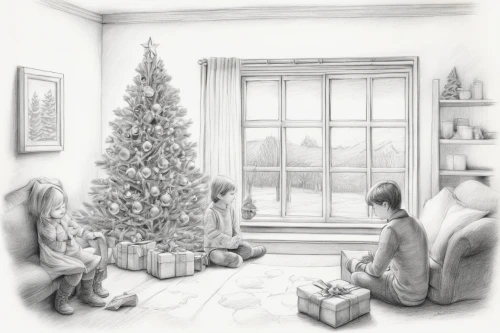 christmas room,christmas scene,the girl next to the tree,opening presents,the christmas tree,christmas pine,fir tree,presents,christmas landscape,present,christmas trees,christmas tree,modern christmas card,fir trees,christmas picture,fourth advent,the gifts,children's christmas,fir tree decorations,third advent,Illustration,Black and White,Black and White 30