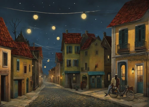 bremen town musicians,night scene,medieval street,the pied piper of hamelin,the cobbled streets,street lamps,hamelin,street lights,lamplighter,old town,medieval town,fantasy picture,old city,old linden alley,lantern string,fireflies,cobblestones,french digital background,rothenburg,houses clipart,Art,Artistic Painting,Artistic Painting 29