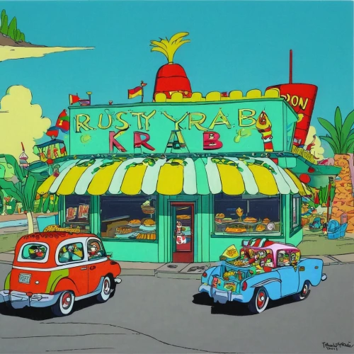 drive in restaurant,ice cream parlor,ice cream shop,fast food restaurant,retro diner,soda shop,restaurants,car hop,ice cream stand,fast-food,soda fountain,tutti frutti,fruit stands,pastry shop,hippy market,a restaurant,fruit stand,fastfood,cartoon car,food court,Illustration,Retro,Retro 02