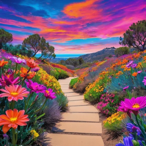 flowerful desert,pathway,purple landscape,splendor of flowers,colorful flowers,splendid colors,flower garden,colorful background,nature landscape,landscape background,color fields,flower field,walkway,background colorful,sea of flowers,vibrant color,hiking path,flower painting,field of flowers,beautiful landscape,Conceptual Art,Sci-Fi,Sci-Fi 04