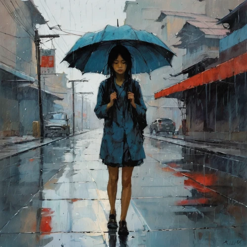 blue rain,walking in the rain,rainy,asian umbrella,rainy day,in the rain,rain,little girl with umbrella,raincoat,umbrella,rainy season,light rain,umbrellas,heavy rain,brolly,rains,rainy weather,raining,japanese umbrella,summer umbrella,Illustration,Paper based,Paper Based 05