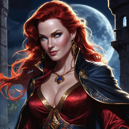 sorceress,vampire woman,massively multiplayer online role-playing game,fantasy portrait,vampire lady,fantasy woman,fantasy art,sterntaler,queen of hearts,arcanum,catarina,heroic fantasy,celtic queen,merida,red-haired,elza,clary,venetia,red tunic,game illustration,Illustration,American Style,American Style 13