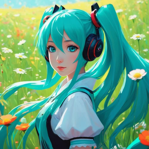 hatsune miku,miku,vocaloid,aqua,spring background,blooming field,cyan,headphone,poppy,listening to music,fiori,lily of the field,springtime background,turquoise,flower background,headphones,petals,flora,flower field,fantasia,Conceptual Art,Fantasy,Fantasy 19