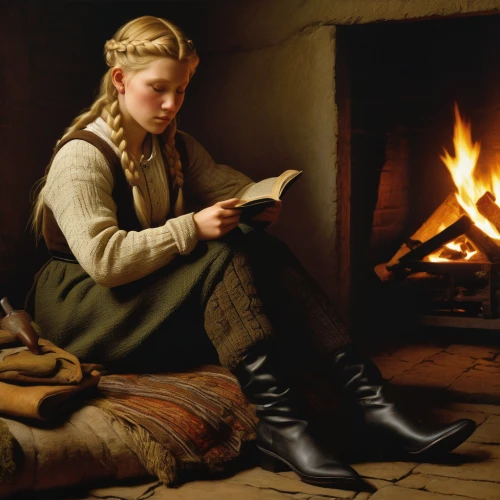 girl studying,blonde woman reading a newspaper,bookworm,fireside,hearth,women's boots,cordwainer,candlemaker,women's novels,girl with bread-and-butter,hygge,reading,blonde sits and reads the newspaper,relaxing reading,read a book,girl in a historic way,child with a book,wood-burning stove,shoemaking,warm and cozy,Art,Artistic Painting,Artistic Painting 30