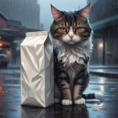 rain cats and dogs,street cat,rainy day,paper bag,shelter cat,stray cat,walking in the rain,cat vector,rainy,heavy rain,in the rain,feral cat,raincoat,raining,rain protection,paper bags,cute cat,schrödinger's cat,cat image,cat cartoon,Conceptual Art,Fantasy,Fantasy 03