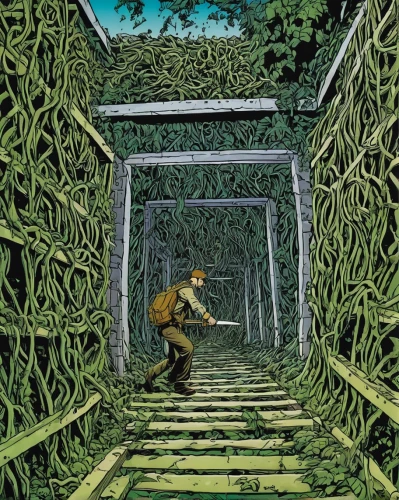 tunnel of plants,plant tunnel,background ivy,forest man,maze,forest workers,farmer in the woods,sci fiction illustration,rope bridge,frame illustration,vines,book illustration,the forests,hedge,the forest,adventure game,forager,ivy frame,tree stand,cartoon forest,Illustration,American Style,American Style 14