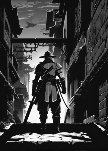 swordsman,samurai,shinobi,swordsmen,night watch,game illustration,lone warrior,the wanderer,samurai fighter,assassin,black city,blackandwhitephotography,film noir,blacksmith,game art,in the shadows,blind alley,scythe,grayscale,bastion,Photography,Black and white photography,Black and White Photography 08