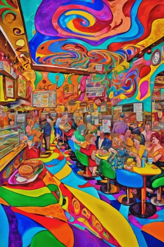 food court,psychedelic art,the coffee shop,ice cream parlor,deli,soda shop,cafeteria,hippy market,lsd,fast food restaurant,colorful pasta,ice cream shop,rosa cantina,a restaurant,restaurants,kaleidoscope art,coffee shop,kaleidoscopic,soup kitchen,psychedelic,Conceptual Art,Oil color,Oil Color 23