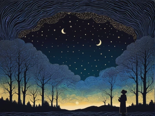 the night sky,night scene,tobacco the last starry sky,night sky,night stars,astronomer,the moon and the stars,moonlit night,cd cover,celestial bodies,starry sky,stargazing,stars and moon,astronomy,nightsky,moon night,starry night,astronomers,crescent moon,shirakami-sanchi,Illustration,Black and White,Black and White 19