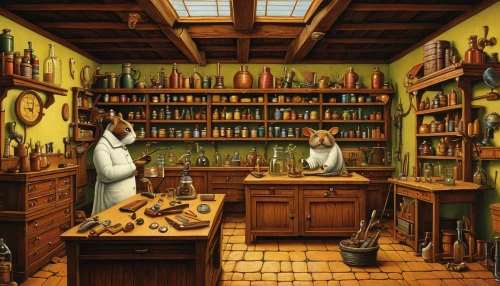 apothecary,fox and hare,pharmacy,brandy shop,cat's cafe,pantry,pet shop,cabinets,watchmaker,cabinetry,laboratory,shopkeeper,whimsical animals,kitchen shop,victorian kitchen,bookshop,cupboard,the little girl's room,vintage mice,vintage cats,Conceptual Art,Daily,Daily 33