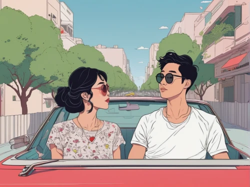 honeymoon,rose drive,vintage boy and girl,young couple,date,car drawing,boulevard,red string,drive,dating,flamingo couple,parking lot,parked car,convertible,couple - relationship,distance,cruise,cabrio,tourists,cute cartoon image,Illustration,Vector,Vector 02