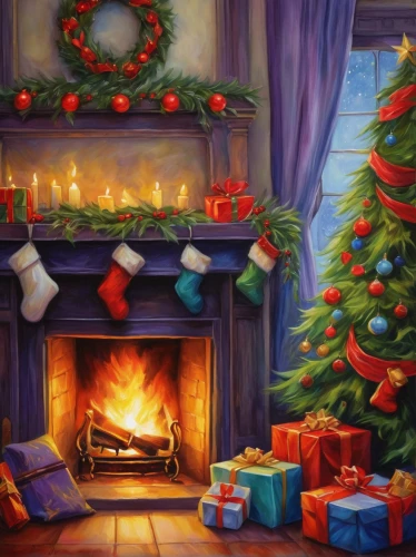 christmas fireplace,christmas landscape,christmas scene,watercolor christmas background,christmas motif,christmasbackground,christmas banner,the occasion of christmas,christmas wallpaper,christmas background,yule log,first advent,christmas room,christmas congratulations,advent time,opening presents,presents,christmas items,christmas greetings,the gifts,Illustration,Realistic Fantasy,Realistic Fantasy 30