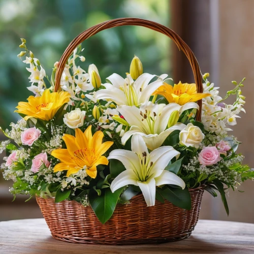 flowers in basket,basket with flowers,flower basket,easter lilies,flower girl basket,flower arrangement lying,easter basket,floral arrangement,spring bouquet,flower arrangement,freesias,gift basket,flower bouquet,hanging basket,flowers in wheel barrel,floral greeting,vegetable basket,yellow chrysanthemums,bouquet of flowers,flowers in envelope,Photography,General,Natural