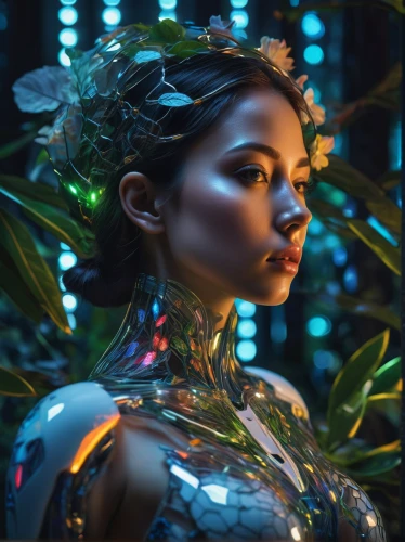 valerian,dryad,cyborg,ivy,faerie,fantasy portrait,background ivy,digital compositing,the enchantress,avatar,futuristic,faery,luminous,neon body painting,retouching,fantasy woman,ai,fairy queen,girl in a wreath,garden fairy,Photography,Artistic Photography,Artistic Photography 02