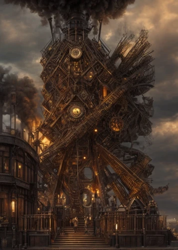 steampunk,burning man,post-apocalyptic landscape,destroyed city,steampunk gears,fractal environment,3d fantasy,post-apocalypse,mandelbulb,lost place,the ruins of the,biomechanical,lostplace,fractals art,industrial landscape,notredame de paris,fantasy art,treehouse,post apocalyptic,tower of babel,Game Scene Design,Game Scene Design,Steampunk