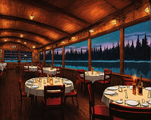 alpine restaurant,floating restaurant,fine dining restaurant,outdoor dining,romantic dinner,boathouse,beach restaurant,maligne lake,log cabin,a restaurant,log home,diner,boat house,dining,exclusive banquet,drive in restaurant,fine dining,dinner for two,the cabin in the mountains,outback steakhouse,Illustration,Realistic Fantasy,Realistic Fantasy 06