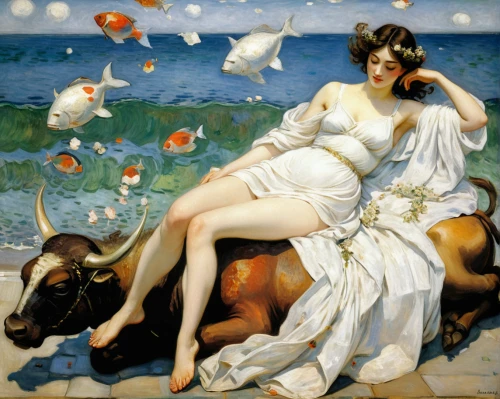 the sea maid,girl lying on the grass,narcissus,girl with a dolphin,the zodiac sign taurus,idyll,lido di ostia,la violetta,taurus,sagittarius,bougereau,honeymoon,mucha,spring unicorn,woman with ice-cream,rusalka,oxen,basset artésien normand,aphrodite,cupido (butterfly),Art,Artistic Painting,Artistic Painting 04