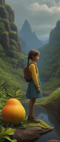 agnes,girl with bread-and-butter,digital compositing,mushroom landscape,wander,girl walking away,tiana,hushpuppy,background image,girl picking apples,world digital painting,the wanderer,a journey of discovery,children's background,clay animation,mountain guide,clementine,cg artwork,explorer,acorn,Conceptual Art,Daily,Daily 30