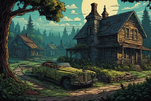 witch's house,house in the forest,cottage,lonely house,witch house,little house,old home,log home,wooden houses,summer cottage,country cottage,log cabin,game illustration,farmstead,homestead,lostplace,home landscape,cartoon video game background,small house,station wagon-station wagon,Illustration,Realistic Fantasy,Realistic Fantasy 25
