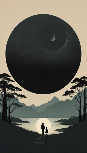 yinyang,vintage couple silhouette,sci fiction illustration,saucer,extraterrestrial life,exomoon,kilimanjaro,inner planets,ufo,saturnrings,planetary system,handpan,yin-yang,earth rise,altiplano,ellipse,game illustration,planet eart,mystery book cover,exoplanet,Illustration,Japanese style,Japanese Style 08