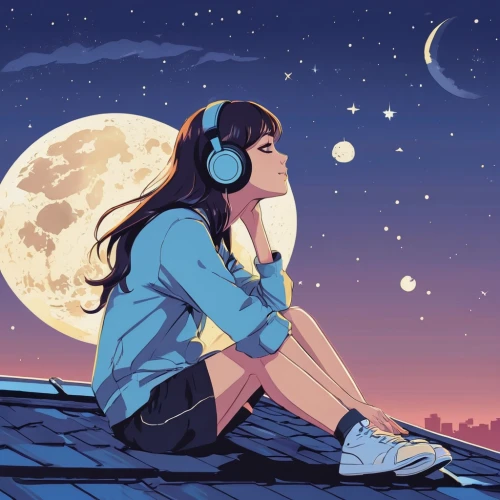 listening to music,moon addicted,listening,moon night,moon and star background,the moon and the stars,stargazing,moonlit night,lunar,moonlight,clear night,lonely,music,worried girl,night stars,night sky,hearing,moon phase,the night sky,dreaming,Illustration,Japanese style,Japanese Style 06