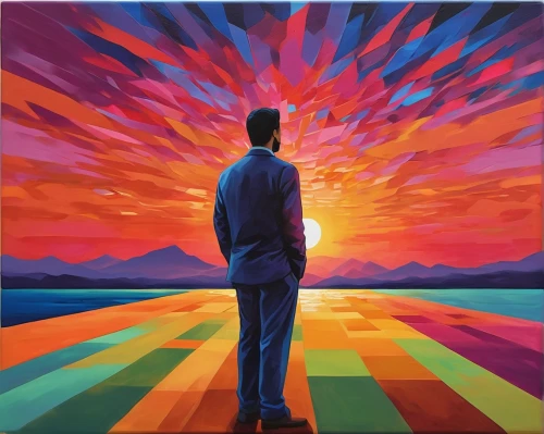 color fields,rainbow background,album cover,colorful background,psychedelic art,standing man,beatenberg,oil painting on canvas,painting technique,cd cover,sun,colorful light,sunburst background,art painting,oil on canvas,man silhouette,guiding light,ascension,sunset,rainbow color palette,Illustration,Vector,Vector 07
